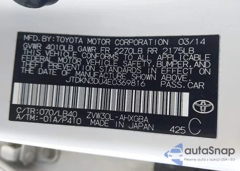 2014 Toyota Prius Four from USA, damaged, VIN JTDKN3DU4E0369816